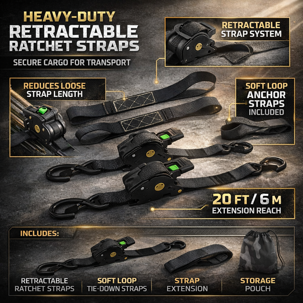 Ratchet Straps Cargo Tie Down Set With Retractable Hooks Heavy Duty