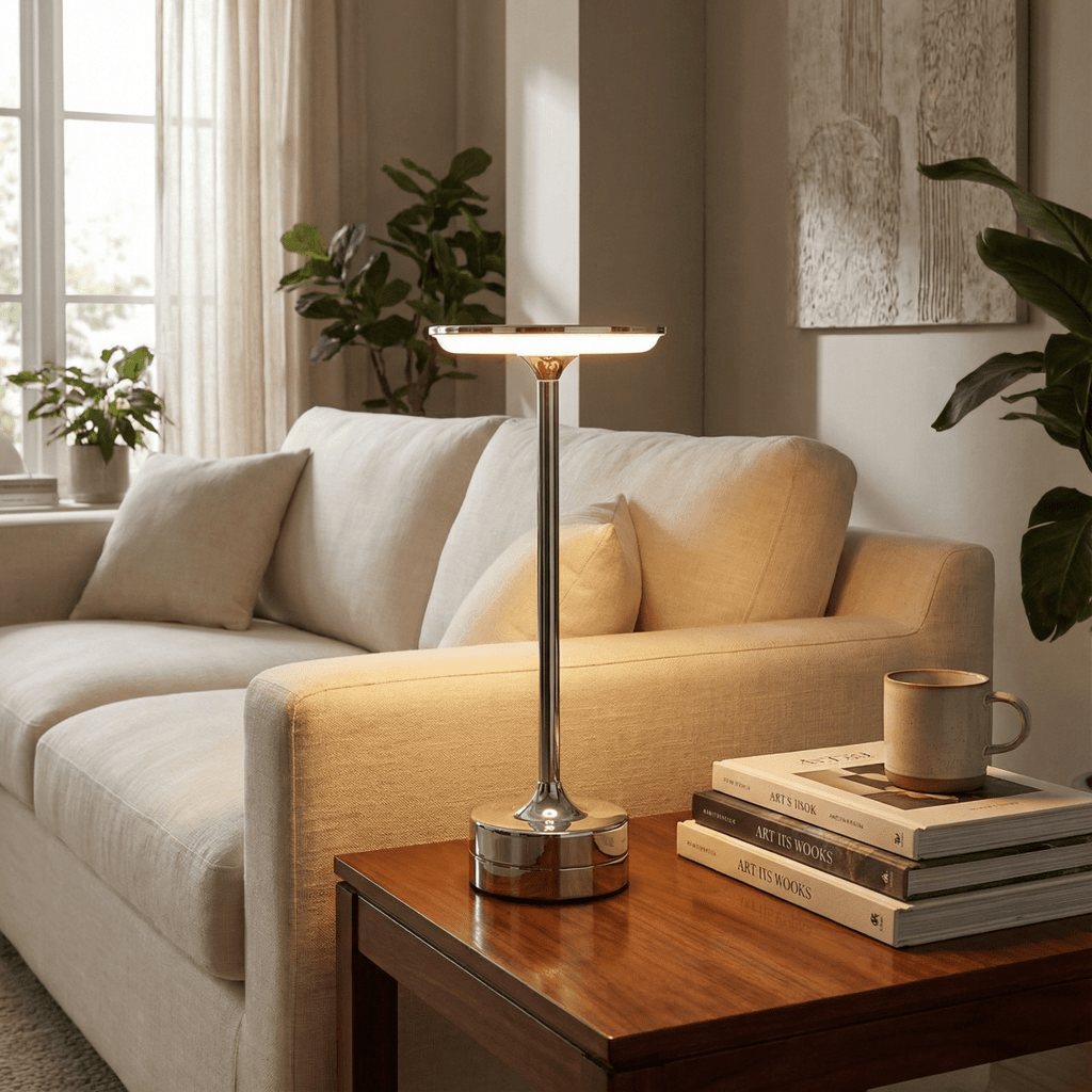 Lámpara de mesa LED recargable inalámbrica con control táctil acabado en cromo | Rosalyssa