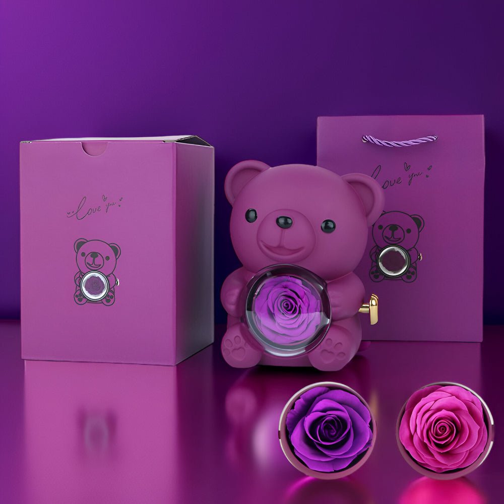 Set regalo orsetto con rosa conservata e scatola espositrice per gioielli
