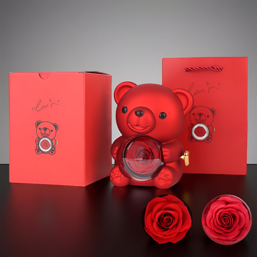 Set regalo orsetto con rosa conservata e scatola espositrice per gioielli