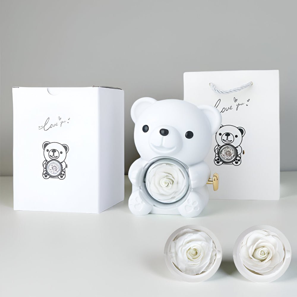 Set regalo orsetto con rosa conservata e scatola espositrice per gioielli