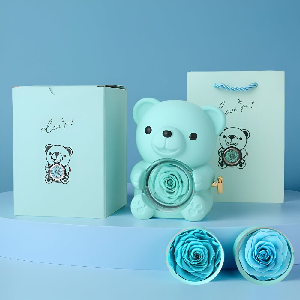 Set regalo orsetto con rosa conservata e scatola espositrice per gioielli