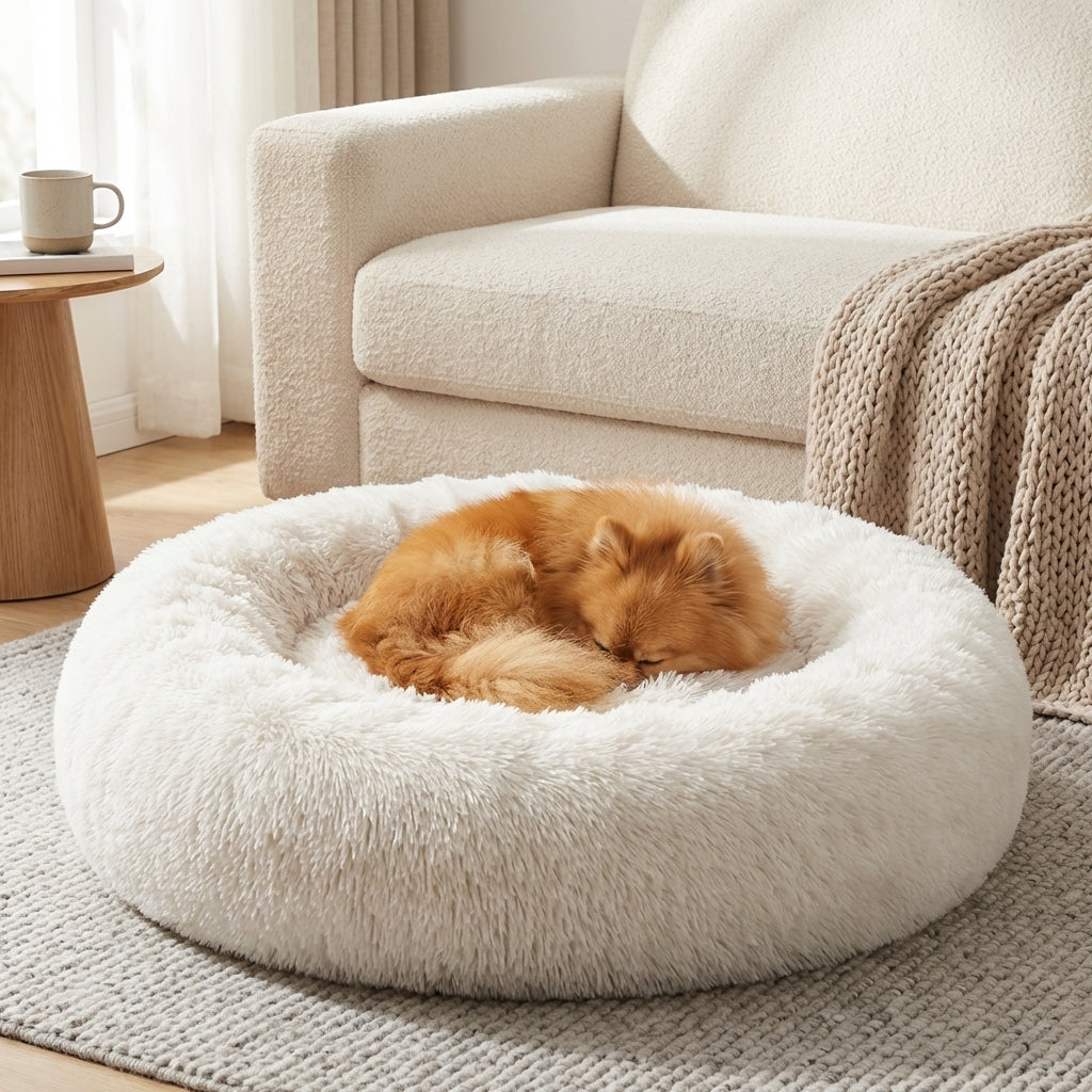Cama redonda para perros con piel sintética, bordes elevados y funda removible XS-4XL | Rosalyssa