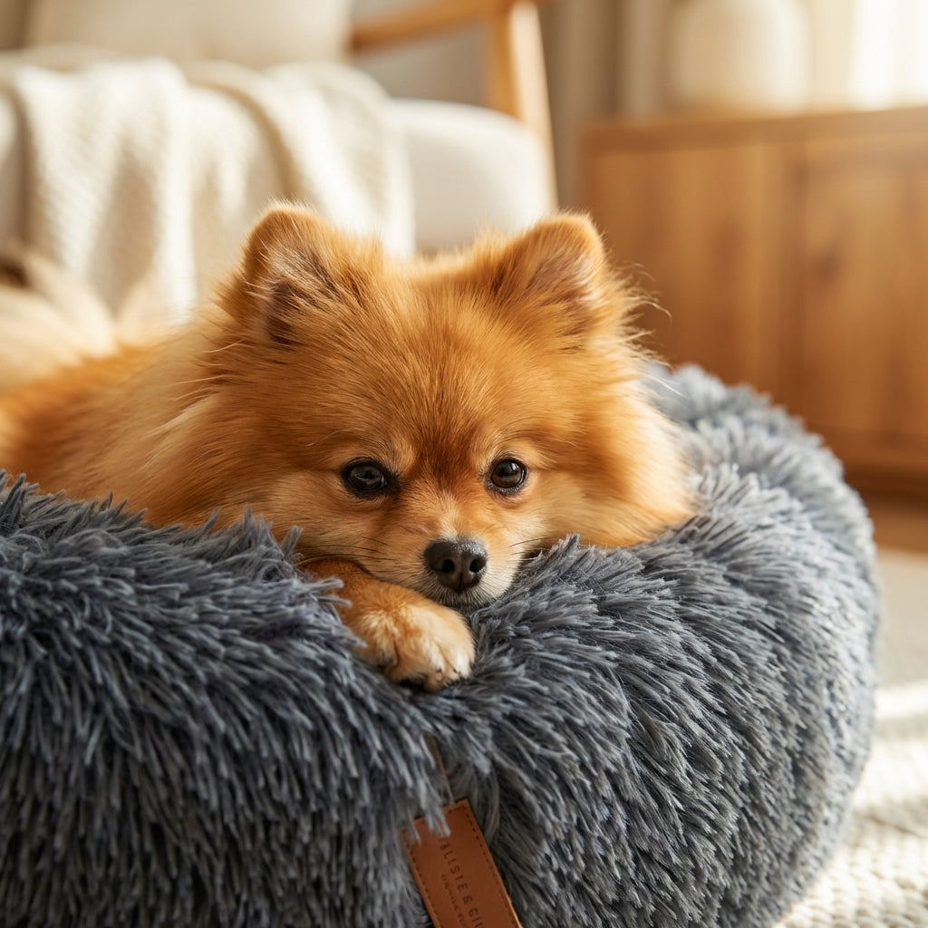 Cama redonda para perros con piel sintética, bordes elevados y funda removible XS-4XL | Rosalyssa
