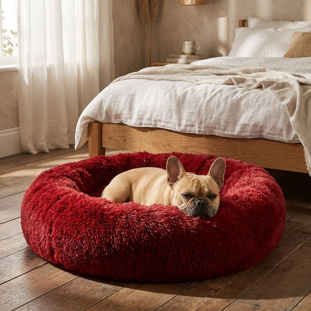 Cama redonda para perros con piel sintética, bordes elevados y funda removible XS-4XL | Rosalyssa