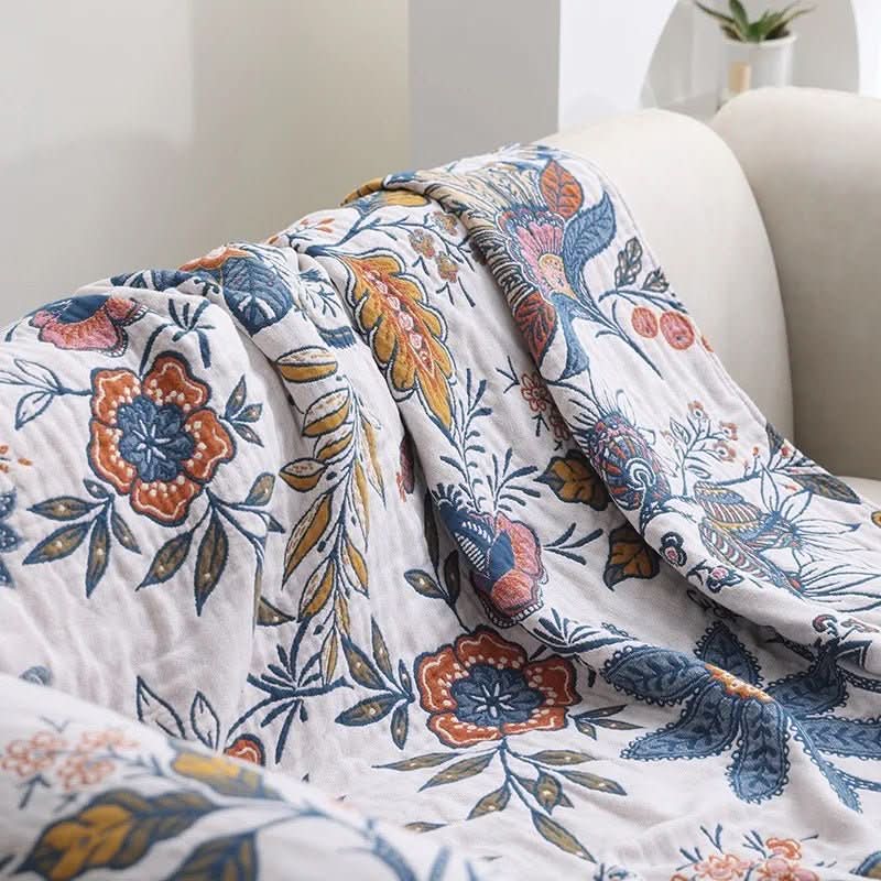 Pătură de bumbac verde - Model floral rustic cu design reversibil