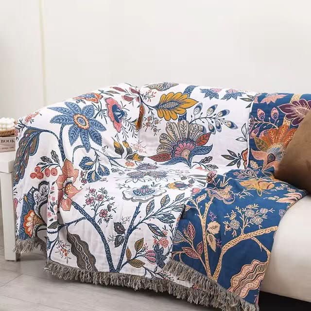 Pătură de bumbac verde - Model floral rustic cu design reversibil