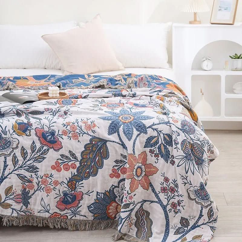 Pătură de bumbac verde - Model floral rustic cu design reversibil