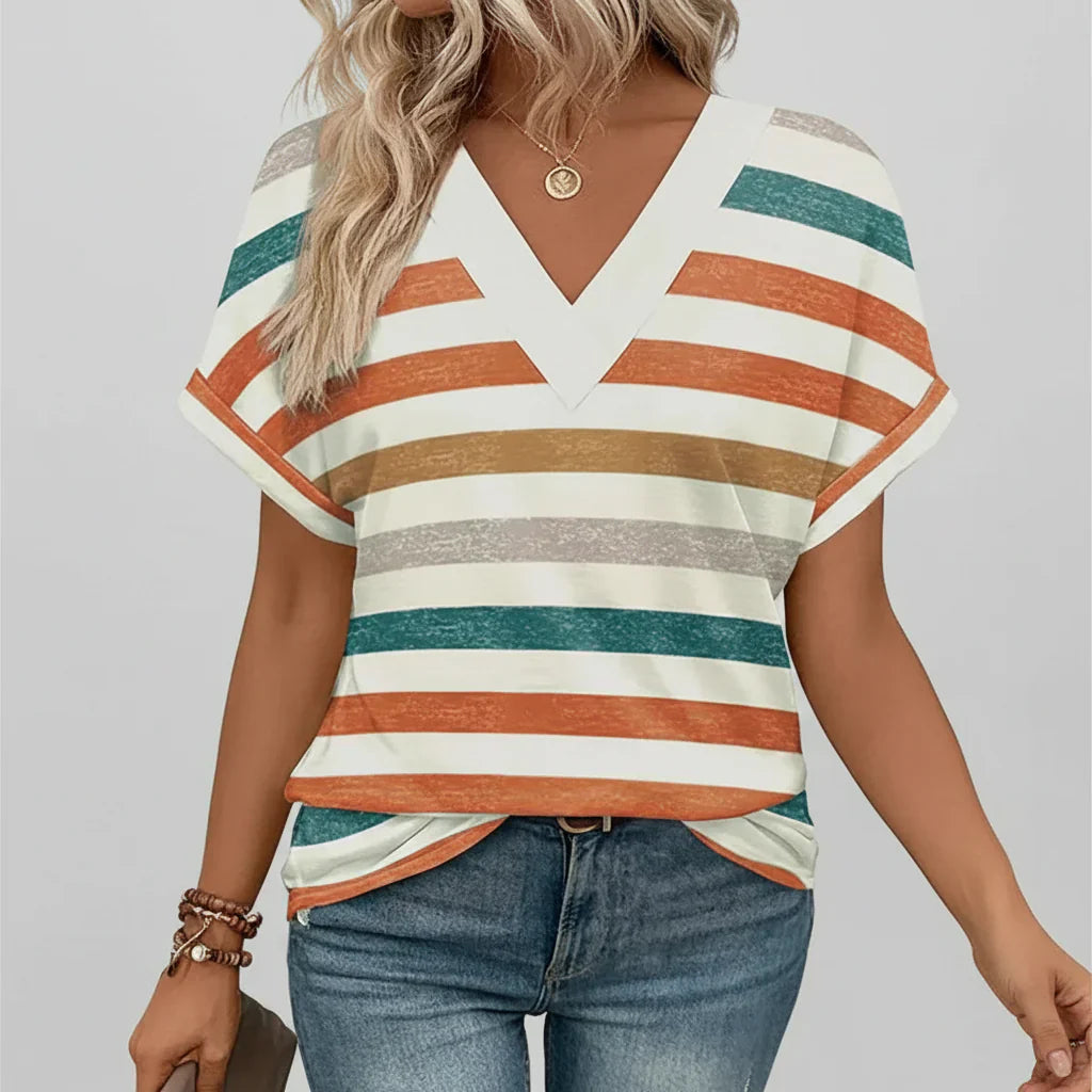 Top feminino leve com decote em V e mangas curtas para o verão