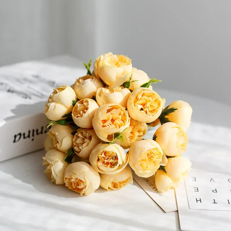 Silk Peony Bouquet With 27 Multicolor Blooms, Elegant Decor