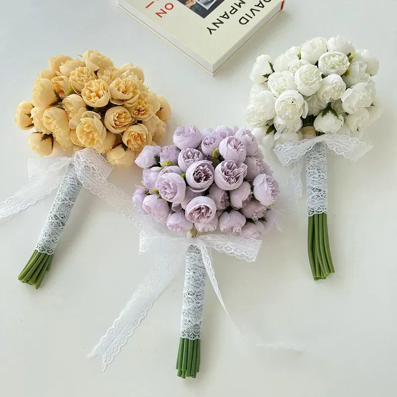 Silk Peony Bouquet With 27 Multicolor Blooms, Elegant Decor