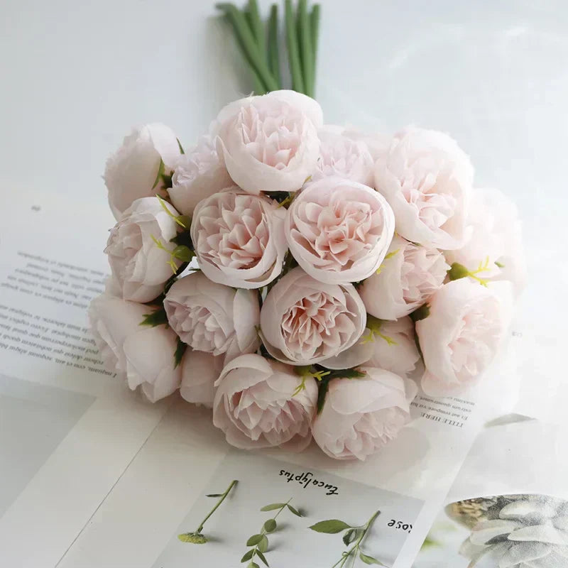 Silk Peony Bouquet With 27 Multicolor Blooms, Elegant Decor