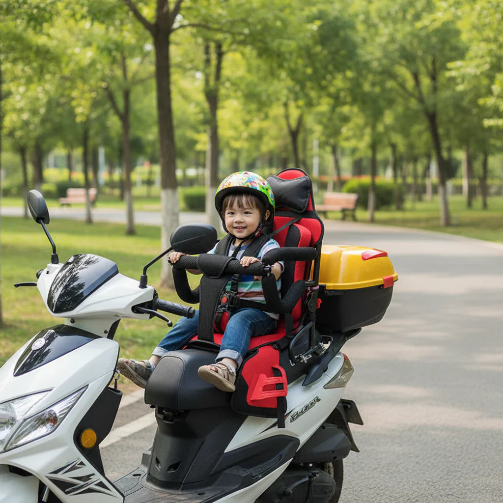 Child Motorcycle Seat With Foldable Guardrail And Rear Support