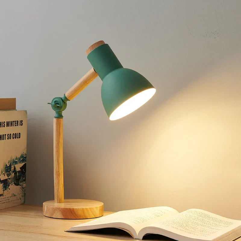 Nordic Wooden Desk Lamp With Adjustable Head And Colorful Shade