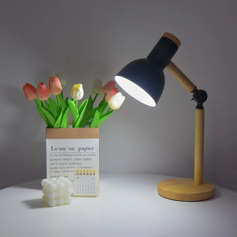 Nordic Wooden Desk Lamp With Adjustable Head And Colorful Shade