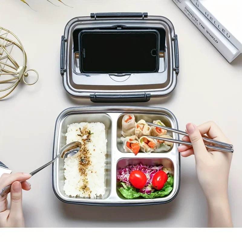 Nerezová ocelová Bento krabička na oběd s třemi přihrádkami, nepropustná