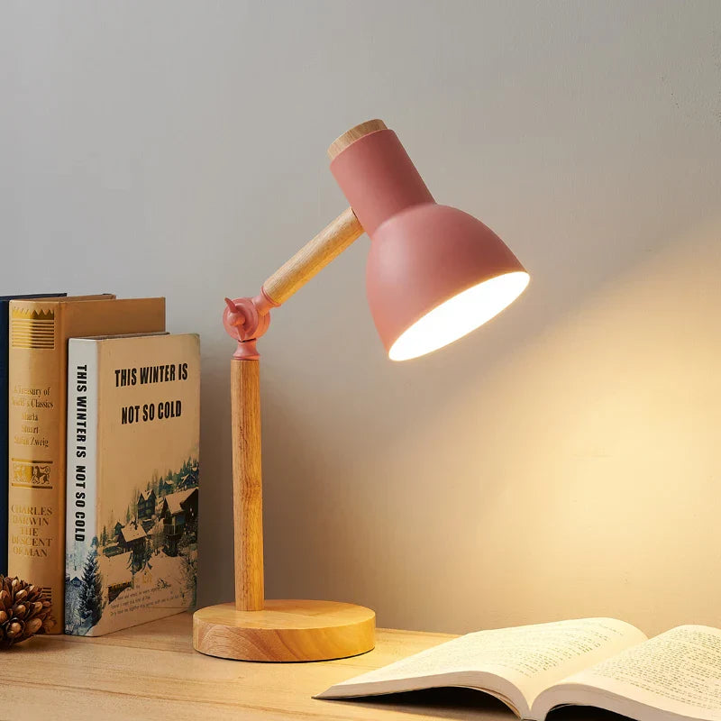 Nordic Wooden Desk Lamp With Adjustable Head And Colorful Shade