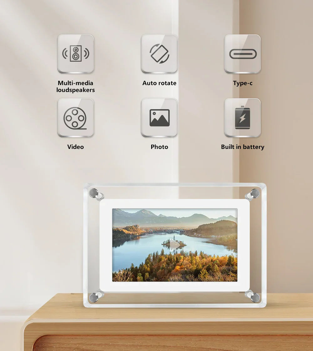 ClearFrame Přenosný akrylový fotorámeček s vestavěnou baterií a IPS displejem