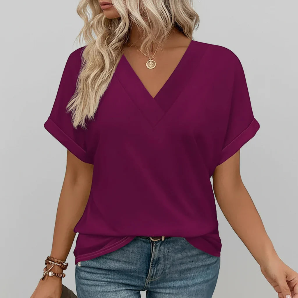 Top feminino leve com decote em V e mangas curtas para o verão