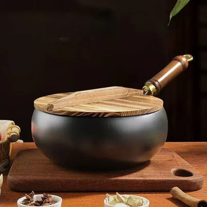 ForgeRoot handgeschmiedete Gusseisenpfanne mit Holzgriff und optionalem Deckel (24/28 cm)