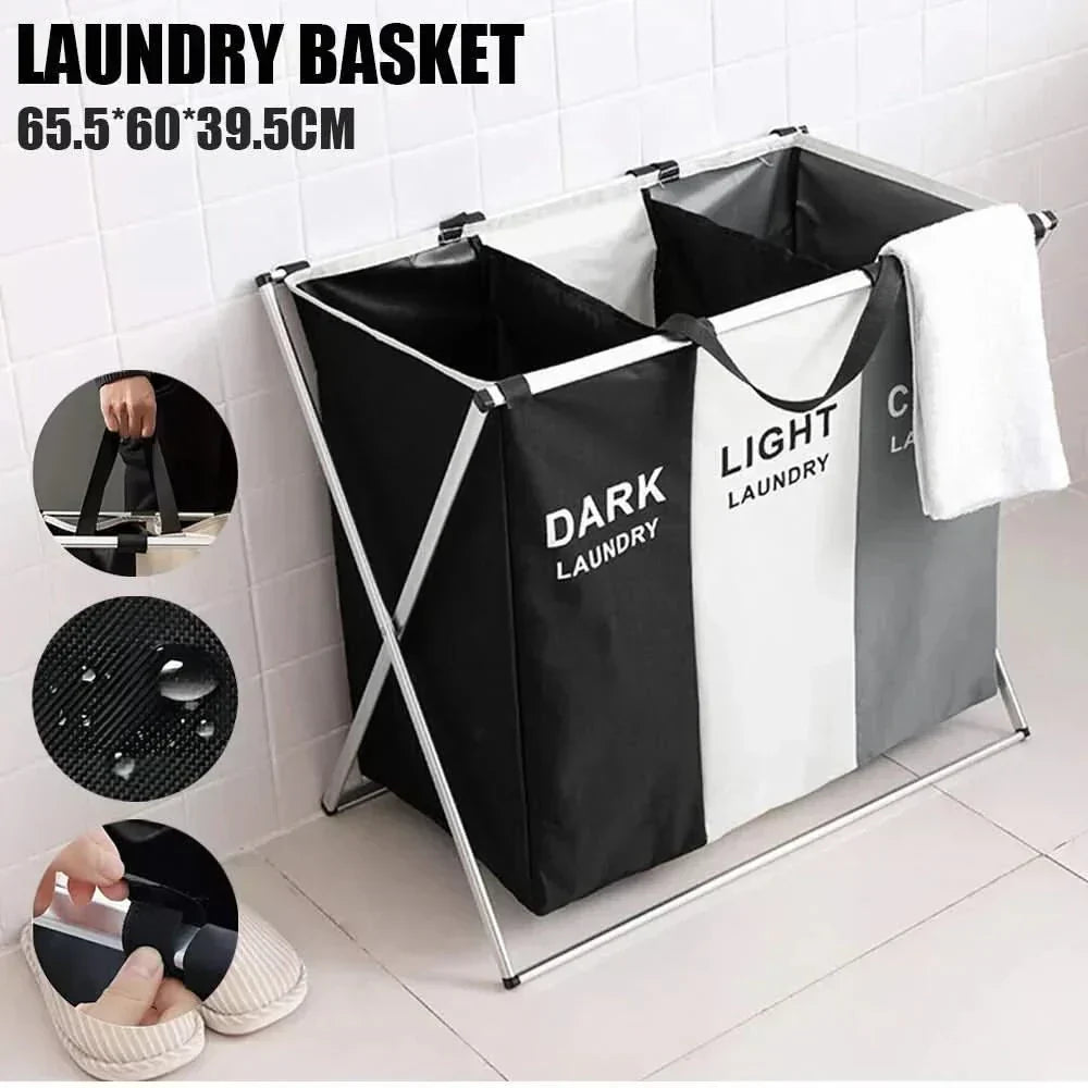 Foldable Laundry Basket With Three Compartments For Sorting Clothes
