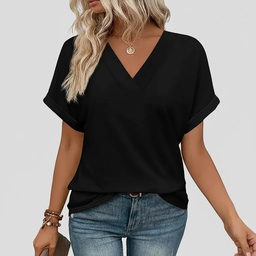 Top feminino leve com decote em V e mangas curtas para o verão