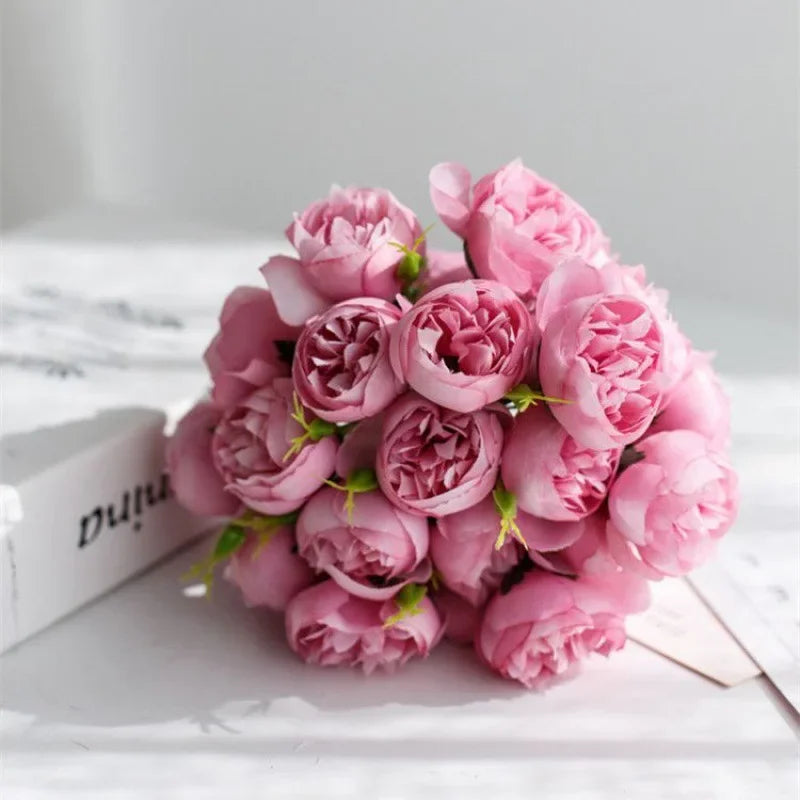 Silk Peony Bouquet With 27 Multicolor Blooms, Elegant Decor
