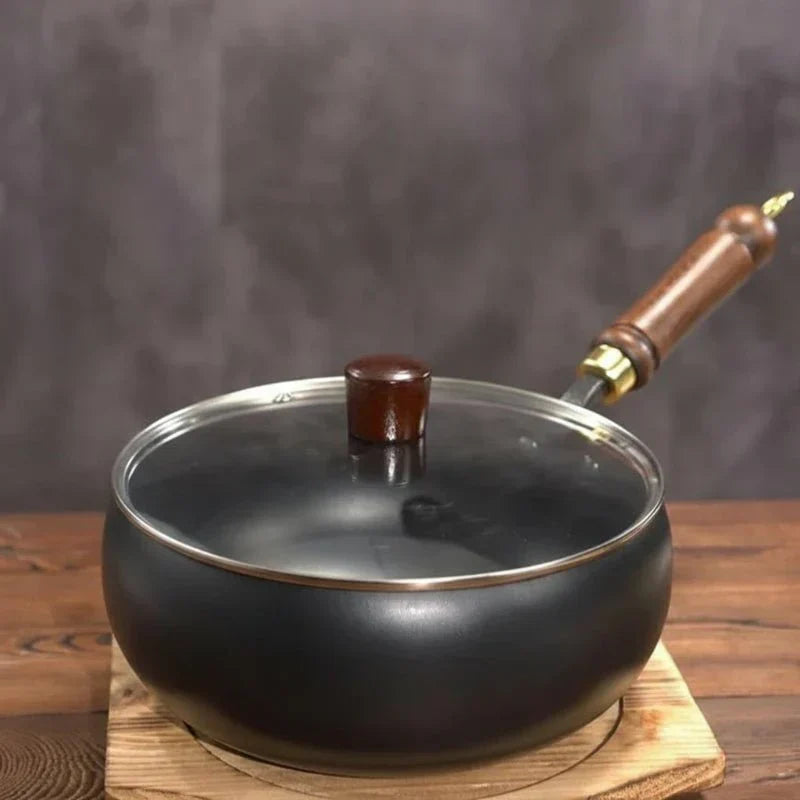 ForgeRoot handgeschmiedete Gusseisenpfanne mit Holzgriff und optionalem Deckel (24/28 cm)