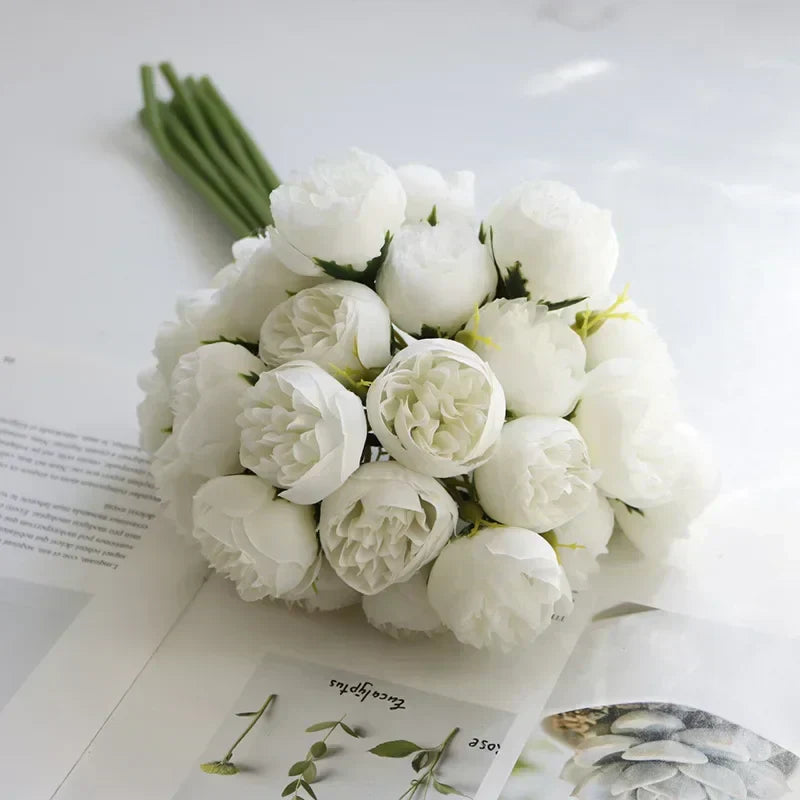 Silk Peony Bouquet With 27 Multicolor Blooms, Elegant Decor