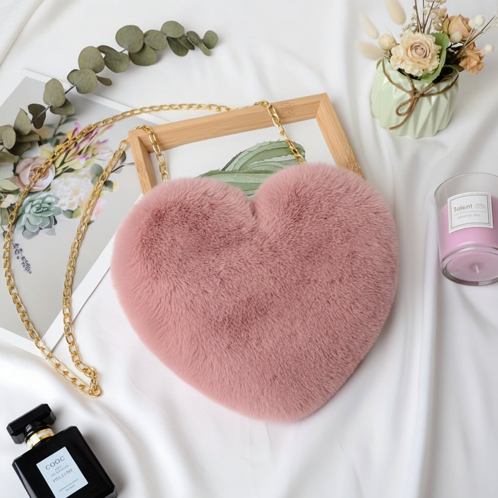 Heart Faux Fur Shoulder Bag With Crossbody Chain Purse