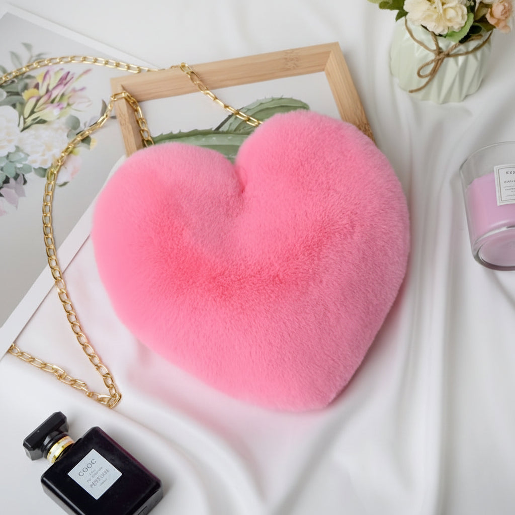 Heart Faux Fur Shoulder Bag With Crossbody Chain Purse