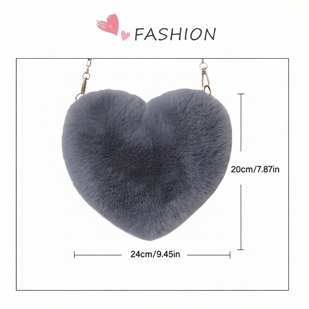 Heart Faux Fur Shoulder Bag With Crossbody Chain Purse