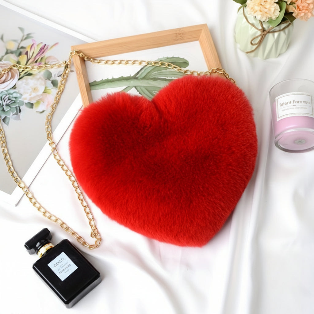 Heart Faux Fur Shoulder Bag With Crossbody Chain Purse
