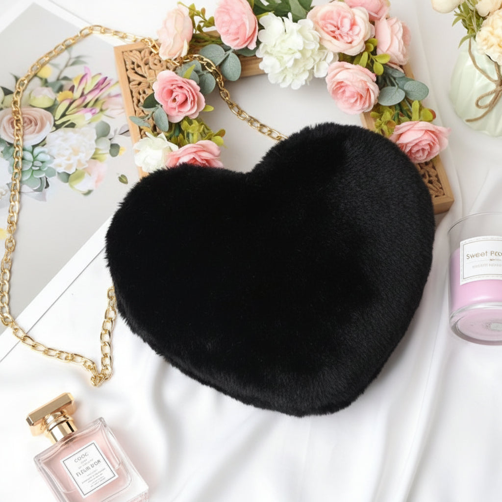 Heart Faux Fur Shoulder Bag With Crossbody Chain Purse