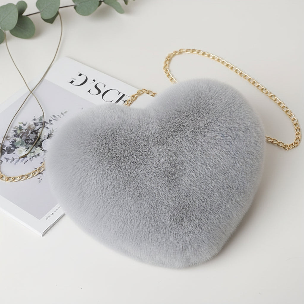 Heart Faux Fur Shoulder Bag With Crossbody Chain Purse