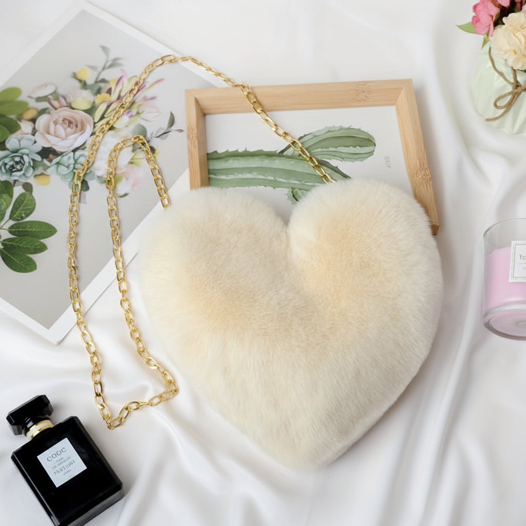 Heart Faux Fur Shoulder Bag With Crossbody Chain Purse