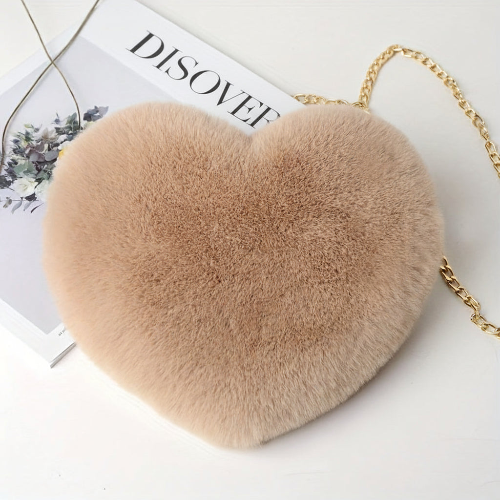 Heart Faux Fur Shoulder Bag With Crossbody Chain Purse