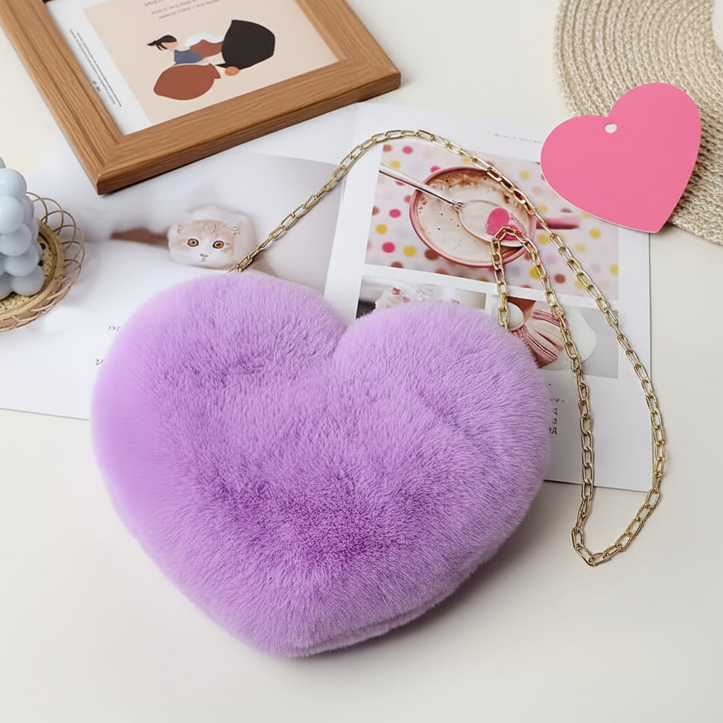 Heart Faux Fur Shoulder Bag With Crossbody Chain Purse