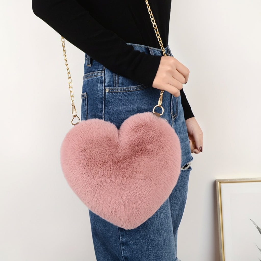 Heart Faux Fur Shoulder Bag With Crossbody Chain Purse