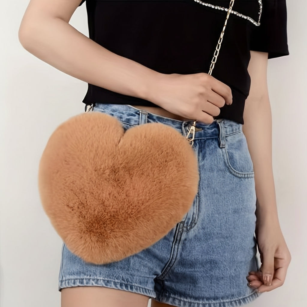 Heart Faux Fur Shoulder Bag With Crossbody Chain Purse