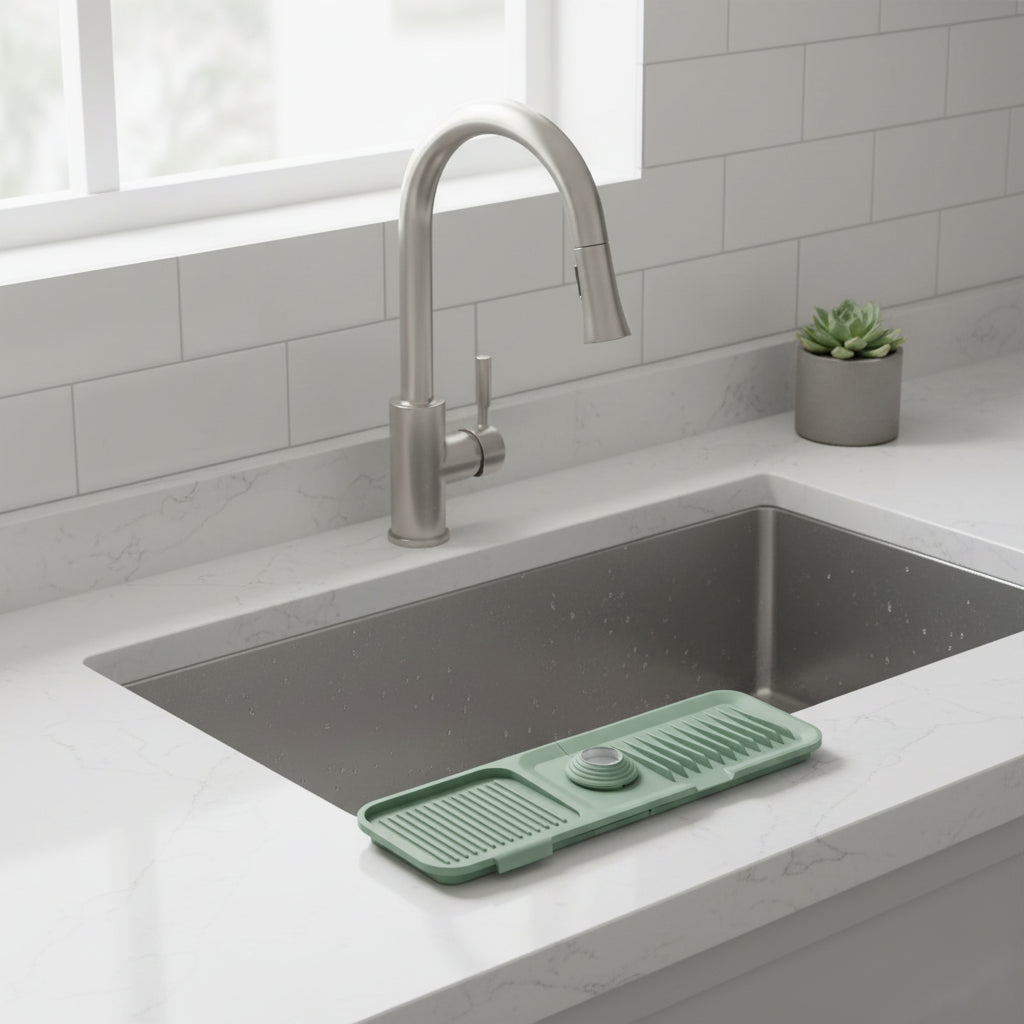 Tappetino in silicone per lavello con vassoio raccogli gocce del rubinetto e sistema di drenaggio automatico
