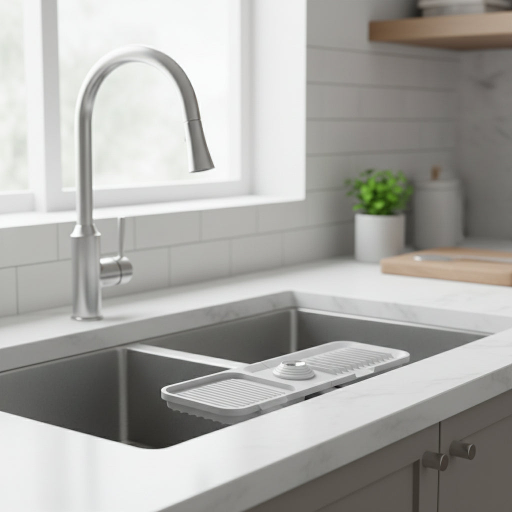 Tappetino in silicone per lavello con vassoio raccogli gocce del rubinetto e sistema di drenaggio automatico