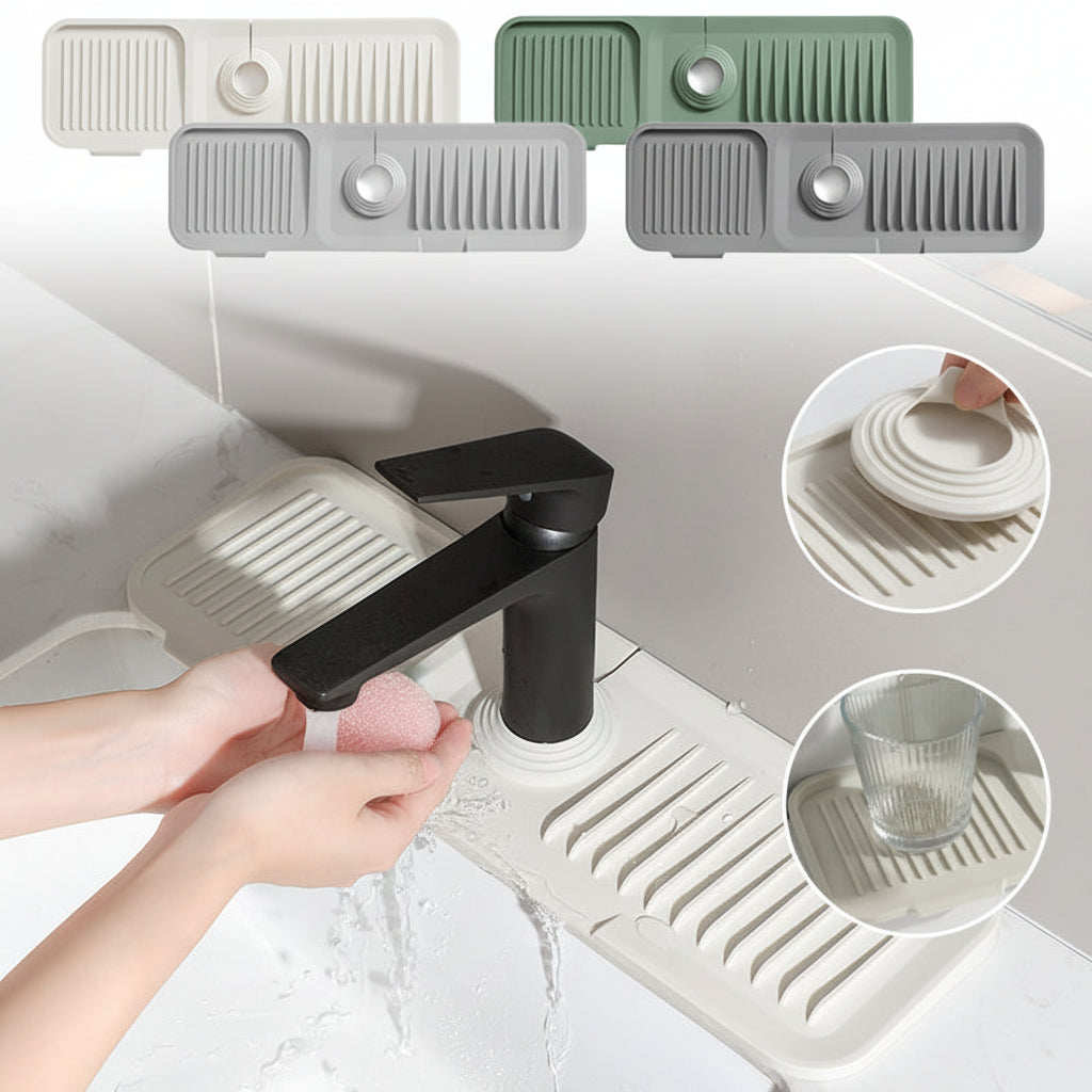 Tappetino in silicone per lavello con vassoio raccogli gocce del rubinetto e sistema di drenaggio automatico