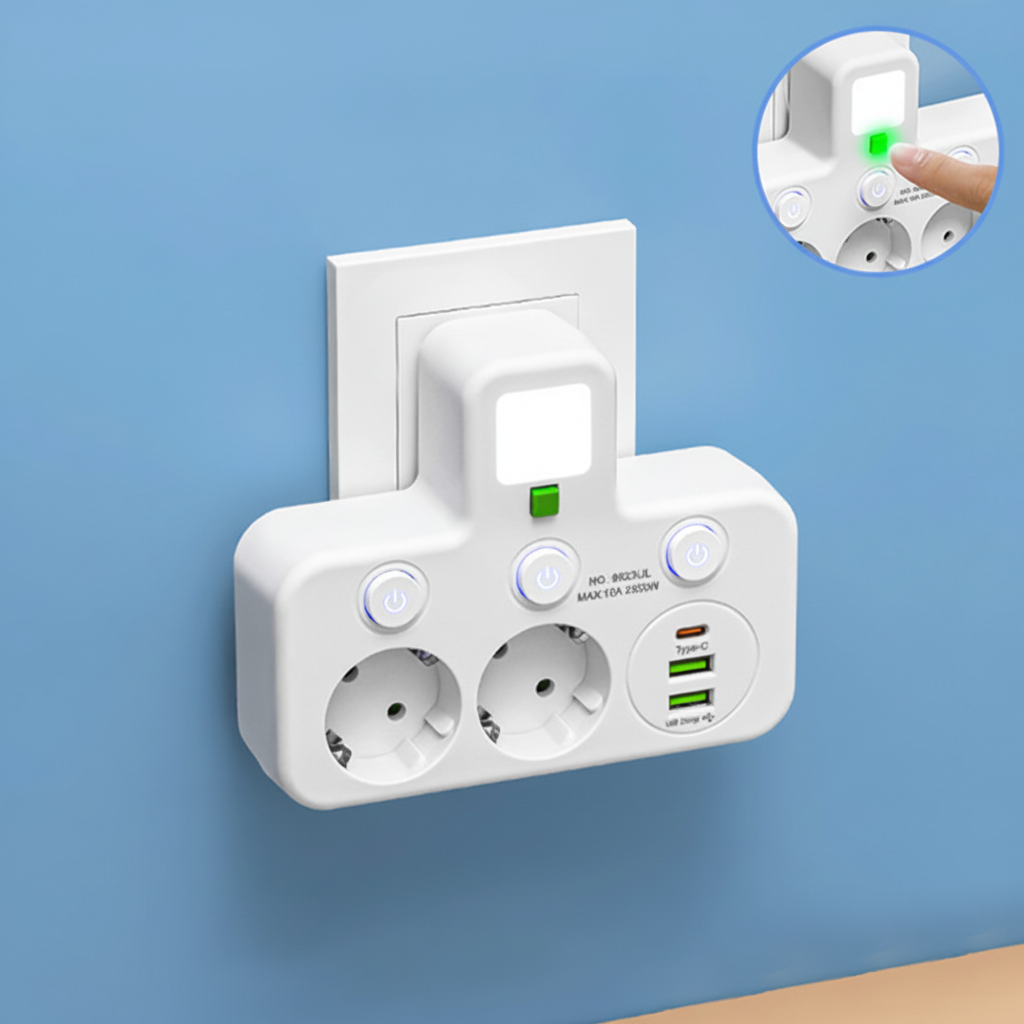 USBポート付き電源タップ ナイトライト＆個別スイッチ付き
