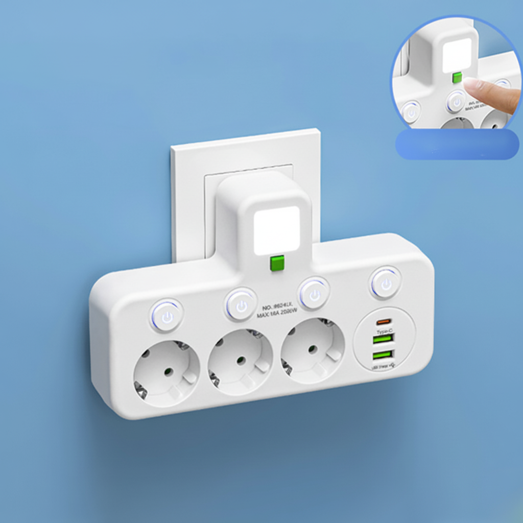 USBポート付き電源タップ ナイトライト＆個別スイッチ付き