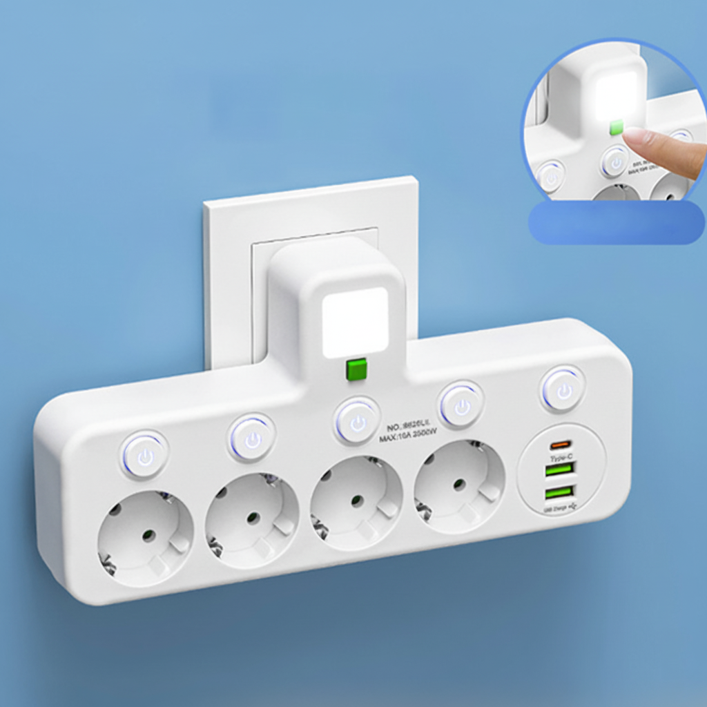 USBポート付き電源タップ ナイトライト＆個別スイッチ付き