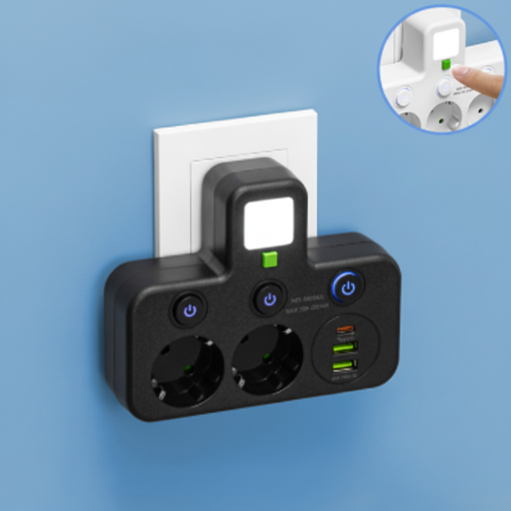 USBポート付き電源タップ ナイトライト＆個別スイッチ付き
