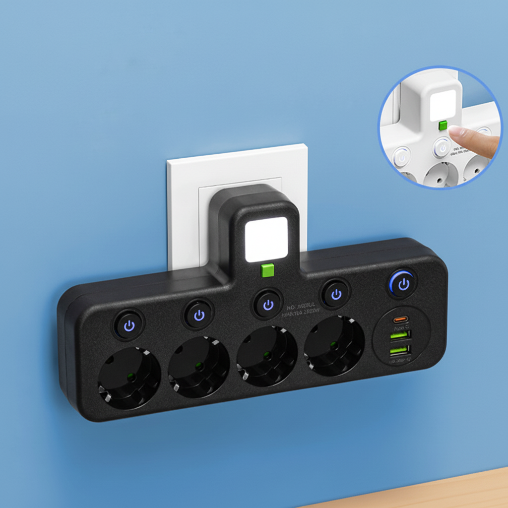 USBポート付き電源タップ ナイトライト＆個別スイッチ付き