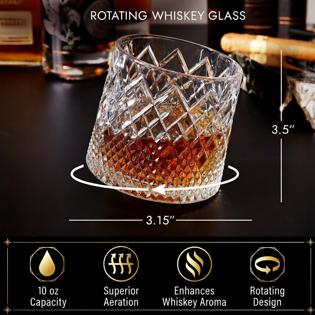 Crystal Rotating Whiskey Glass For Enhanced Aroma And Flavor