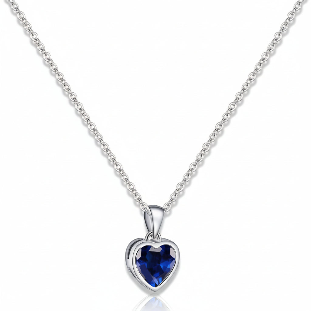 Sapphire Birthstone Heart Pendant Necklace In Silver